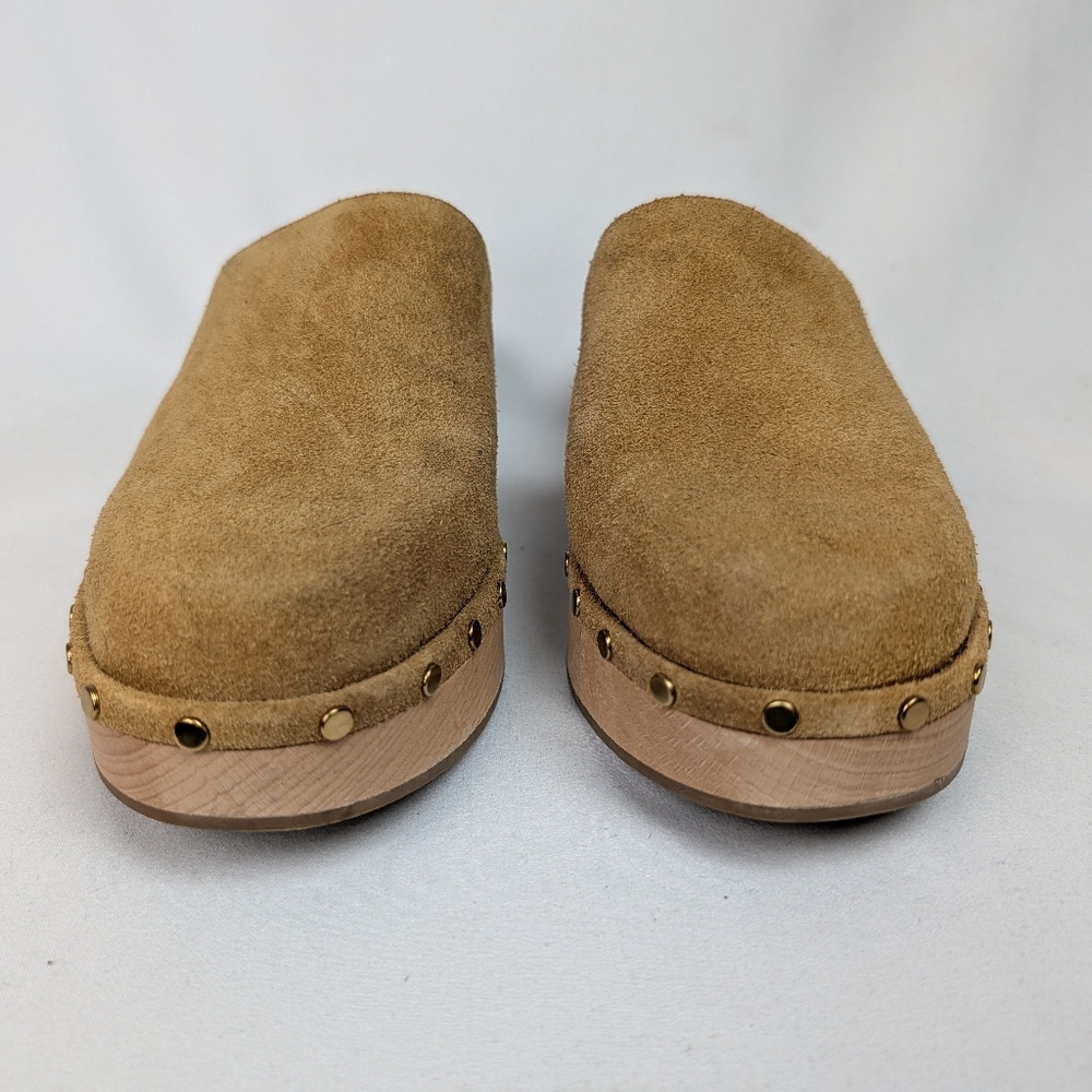 J. Crew Dakota Clogs in Suede Burnished Pecan Studded Leather Wood Sole - Picture 5 of 13